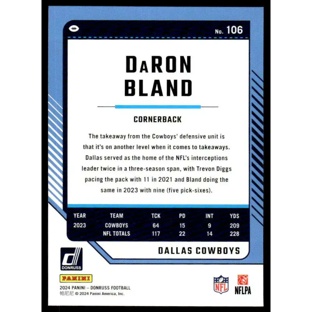 2024 Donruss #106 DaRon Bland NM-MT Dallas Cowboys Football Card - Football Card Single