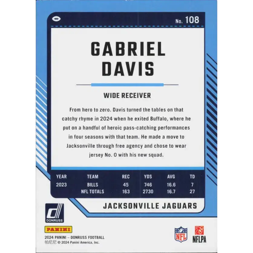 2024 Donruss #108 Gabriel Davis NM-MT Jacksonville Jaguars Football Card - Football Card Single
