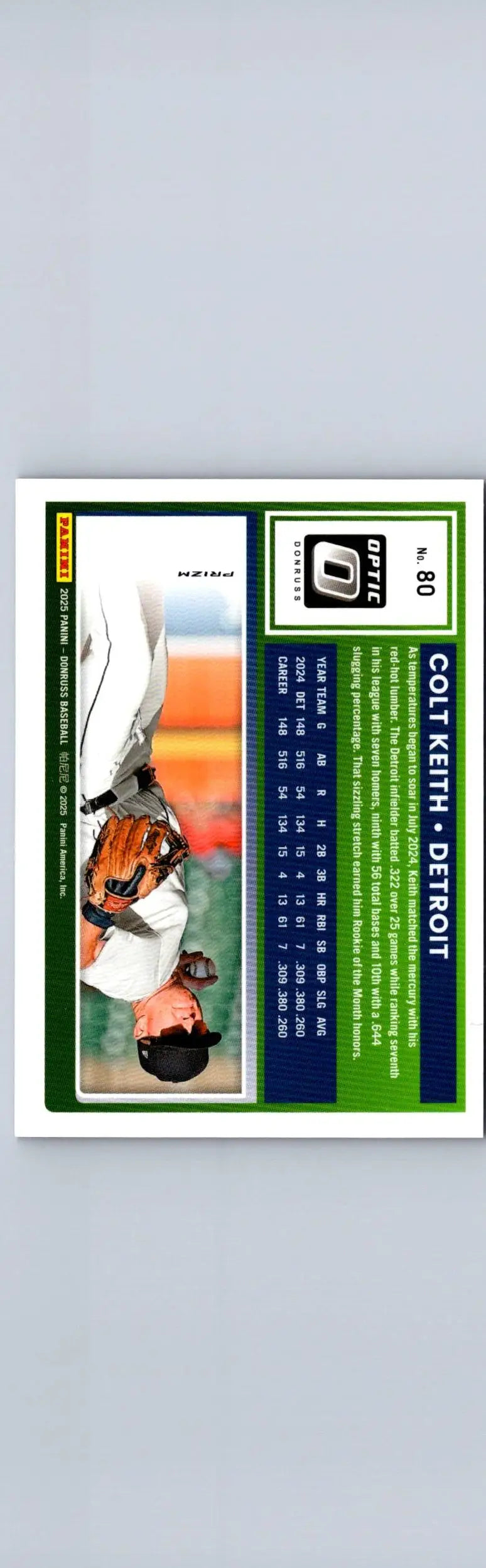 Baseball trading card featuring Colt Keith with stats, biographical info, 2024 Donruss Keith Optic Blue