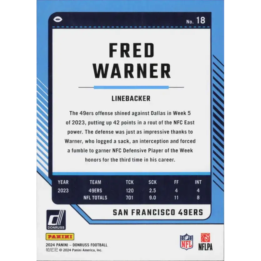 2024 Donruss #18 Fred Warner NM-MT San Francisco 49ers Football Card - Football Card Single
