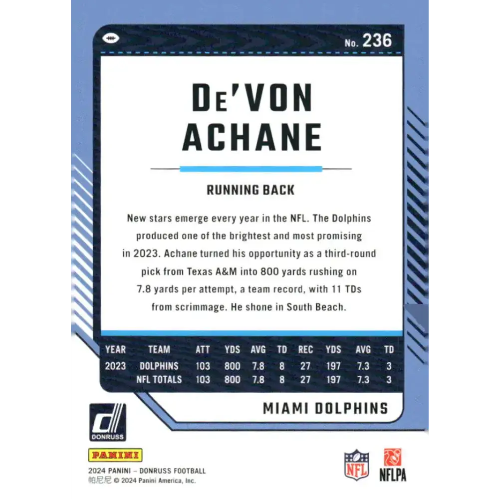 2024 Donruss #236 De’Von Achane NM-MT Miami Dolphins Football Card - Football Card Single