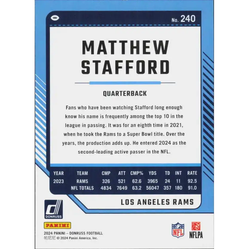 2024 Donruss #240 Matthew Stafford NM-MT Los Angeles Rams Football Card - Football Card Single