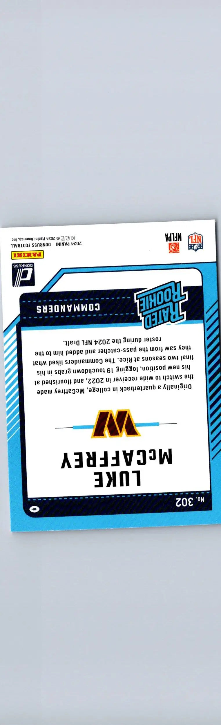 2024 Donruss Luke McCaffrey football card showcasing Luke McCaffrey collectible card