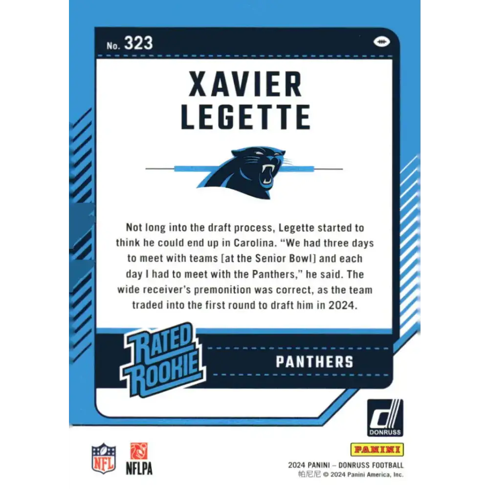 2024 Donruss #323 Xavier Legette NM-MT Carolina Panthers Football Card - Trading Cards