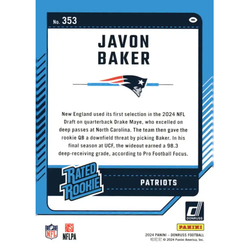 2024 Donruss #353 Javon Baker NM-MT New England Patriots Football Card