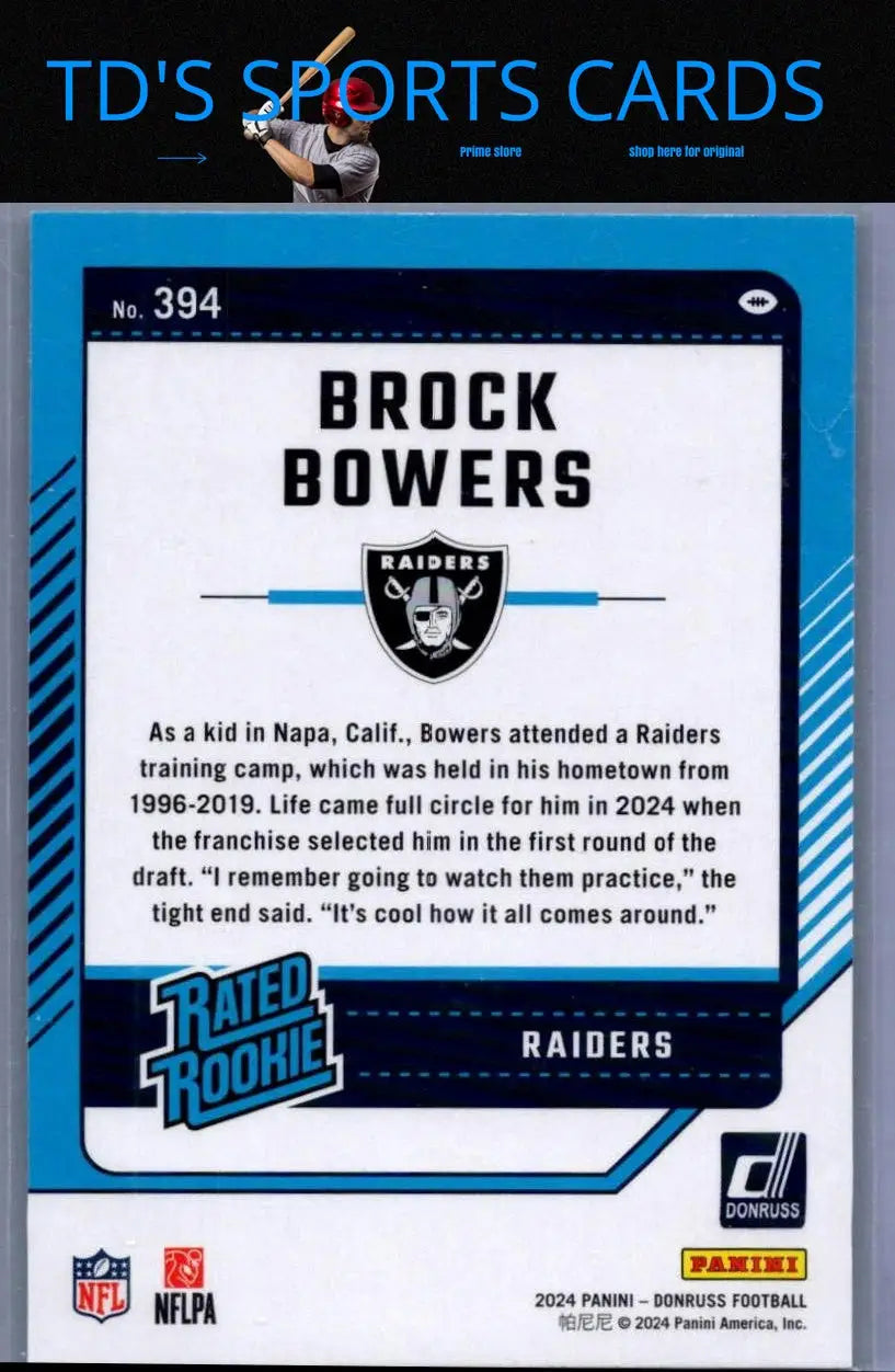 2024 Donruss Brock Bowers Raiders rookie card for collectors and sports enthusiasts