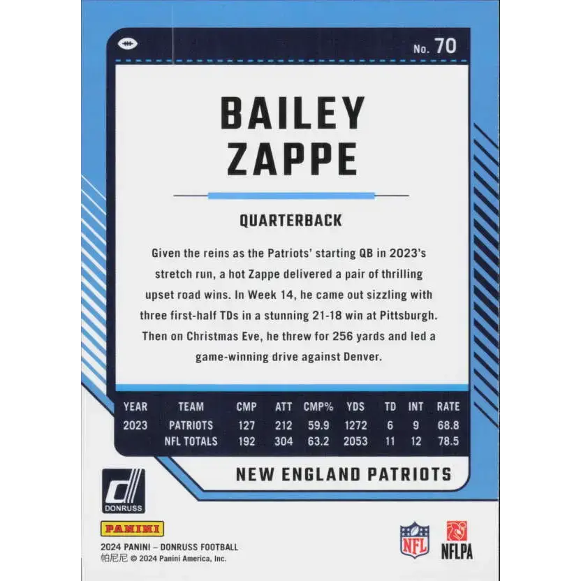 2024 Donruss #70 Bailey Zappe NM-MT New England Patriots Football Card - Football Card Single