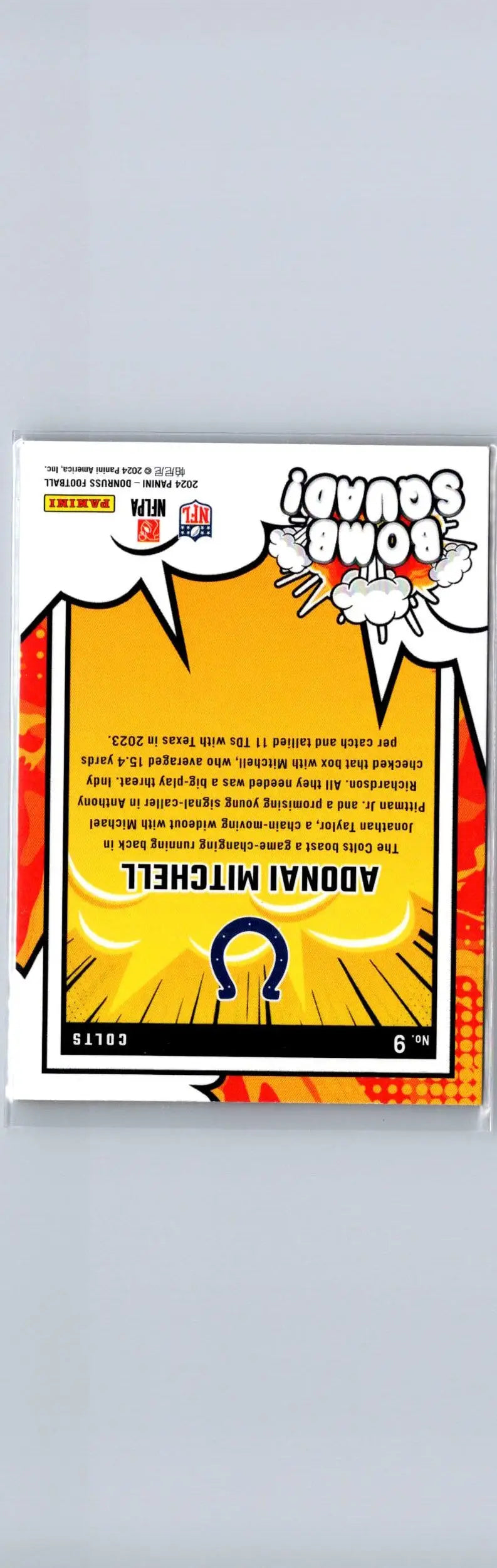 Football trading card of Adonai Mitchell Bomb Squad from 2024 Donruss series