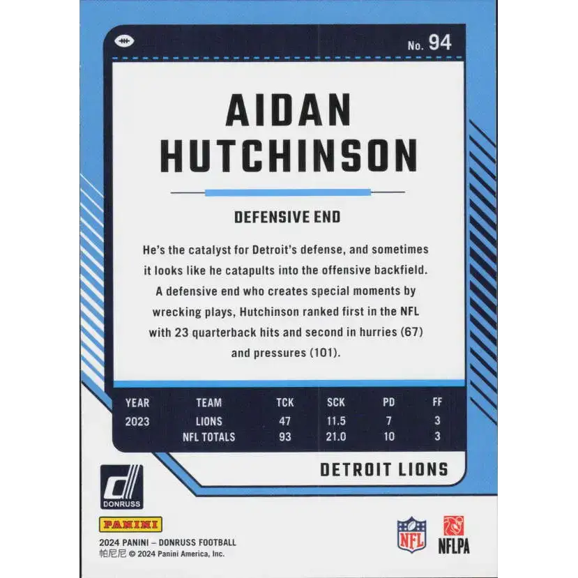 2024 Donruss #94 Aidan Hutchinson NM-MT Detroit Lions Football Card - Football Card Single