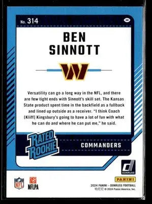 2024 Donruss Ben Sinnott #314 RC Washington Commanders