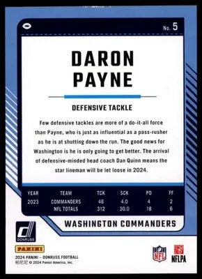 2024 Donruss Daron Payne 5 Washington Commanders - Football Card Single
