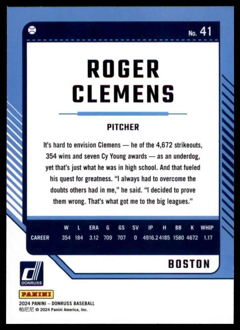 2024 Donruss - Holo Roger Clemens 41 Boston Red Sox Baseball NM - Baseball Card Single