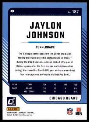 2024 Donruss Jaylon Johnson 187 Chicago Bears - Football Card Single