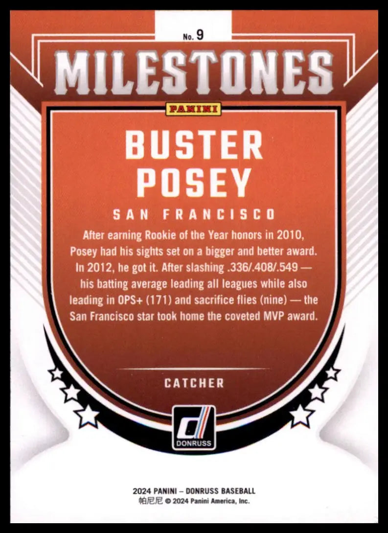 2024 Donruss - Milestones Buster Posey 9 San Francisco Giants NM - Baseball Card Single