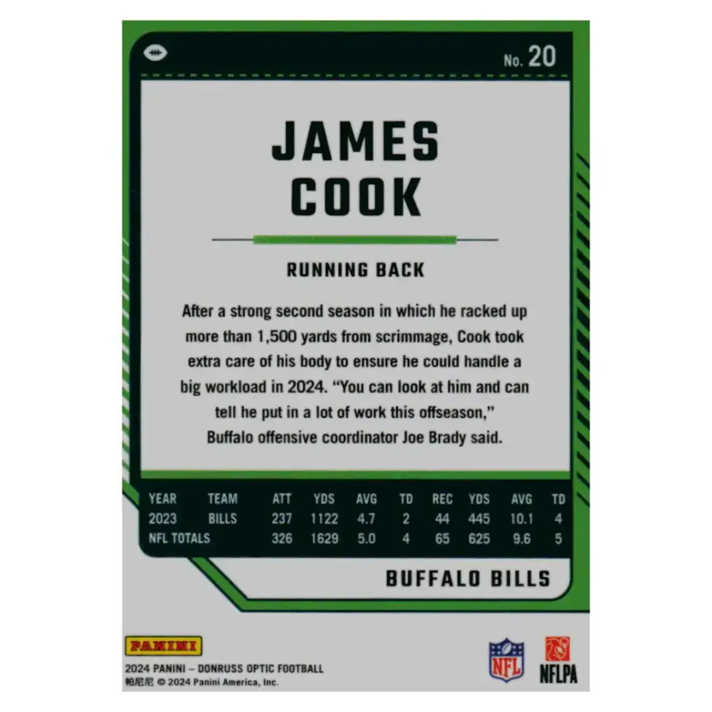 2024 Donruss Optic #20 James Cook NM-MT Buffalo Bills Football Card - Football Card Single