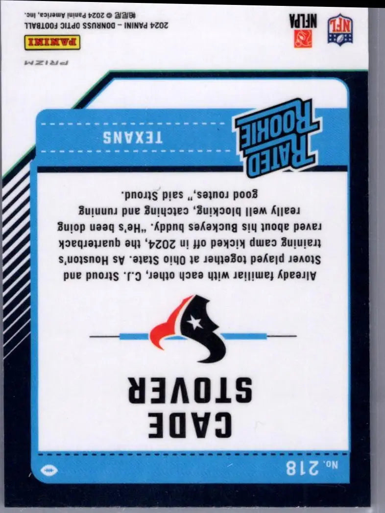 Cade Stover 2024 Panini Donruss Optic Rated Rookie card with Purple Shock design