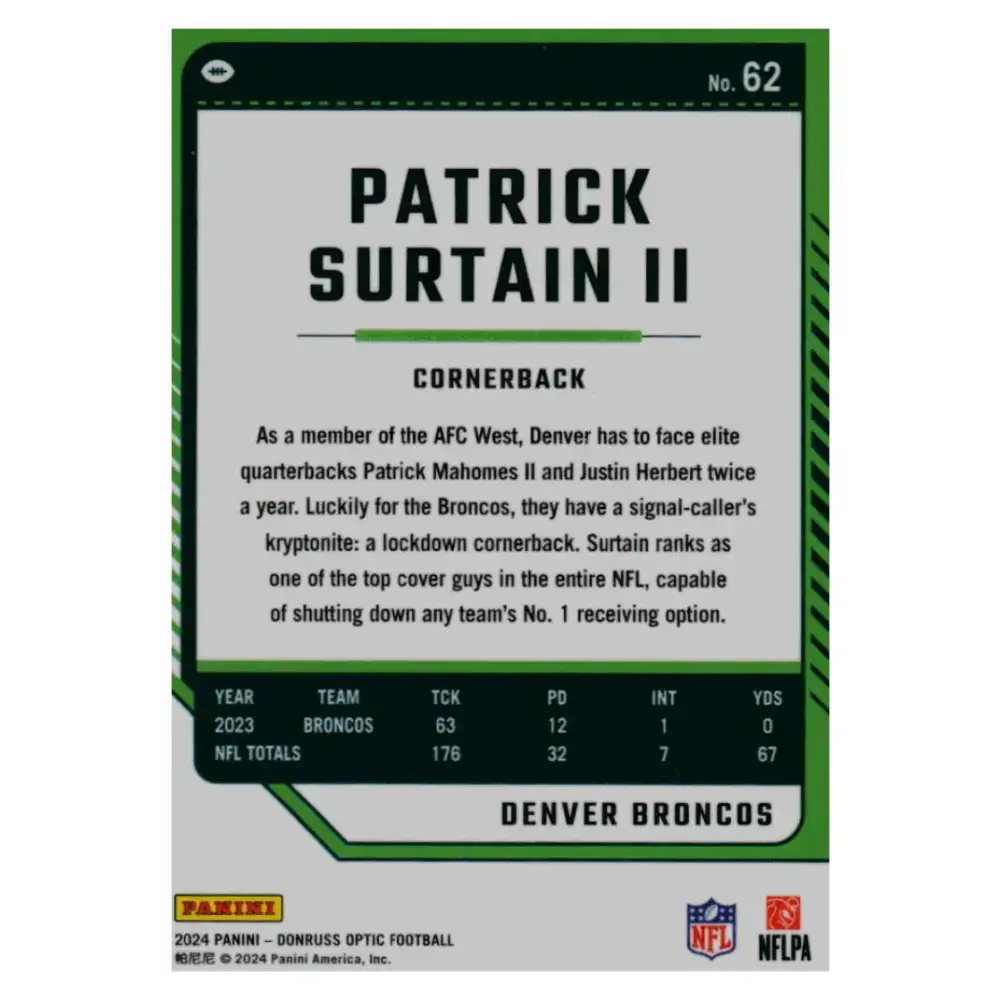 2024 Donruss Optic #62 Patrick Surtain II NM-MT Denver Broncos Football Card - Football Card Single