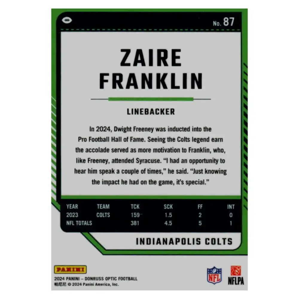 2024 Donruss Optic #87 Zaire Franklin NM-MT Indianapolis Colts Football Card - Football Card Single