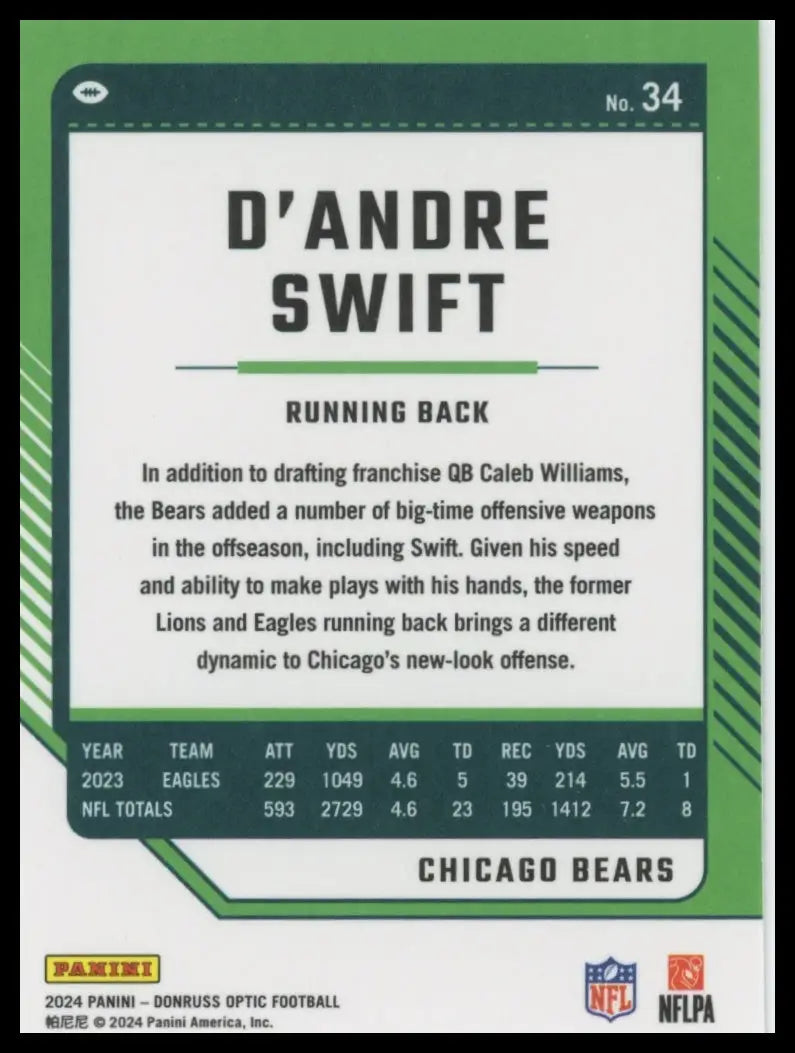 2024 Donruss Optic D’Andre Swift 34 Chicago Bears - Football Card Single