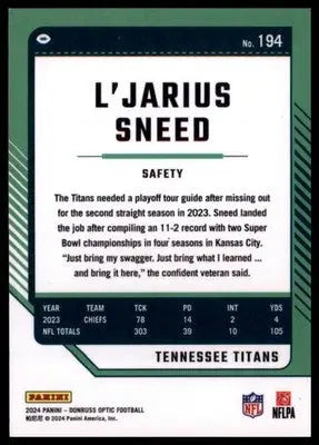 2024 Donruss Optic L’Jarius Sneed 194 Tennessee Titans - Football Card Single