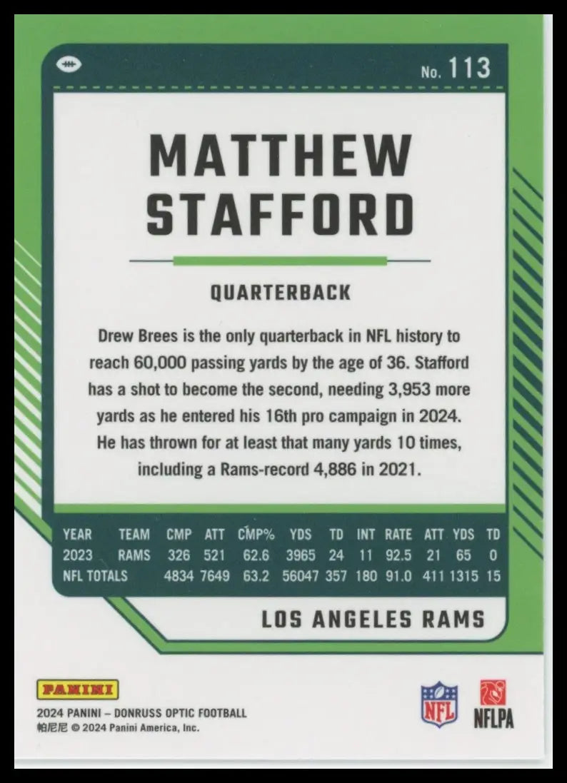 2024 Donruss Optic Matthew Stafford 113 Los Angeles Rams - Football Card Single