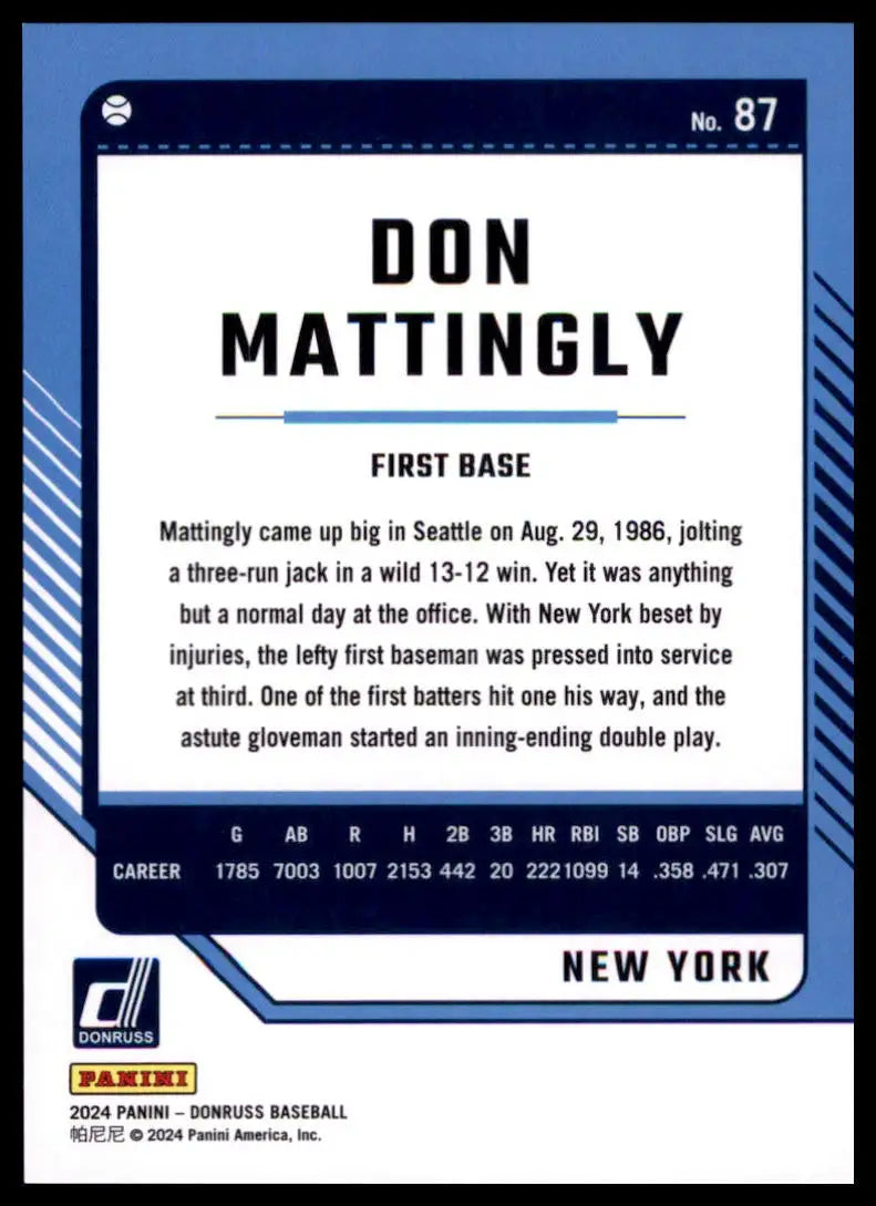 2024 Donruss - Orange Laser Don Mattingly 87 /299 New York Yankees NM - Baseball Card Single