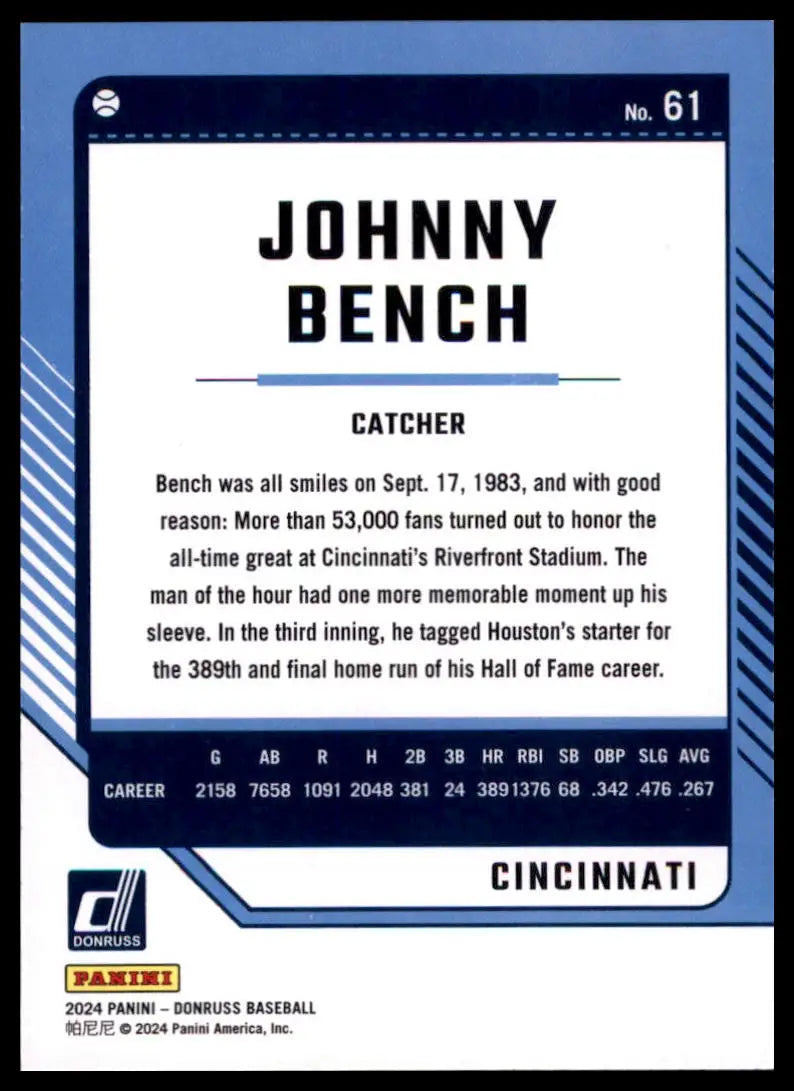 2024 Donruss - Red and Blue Johnny Bench 61 Cincinnati Reds NM - Baseball Card Single