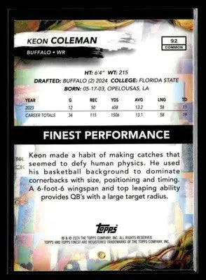 2024 Finest - Checkerboard Refractor Keon Coleman #92 RC Buffalo Bills - Football Card Single