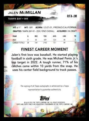 2024 Finest #RFA-JM Jalen McMillan Rookie Finest Autographs Tampa Bay Buccaneers - Football Card Single