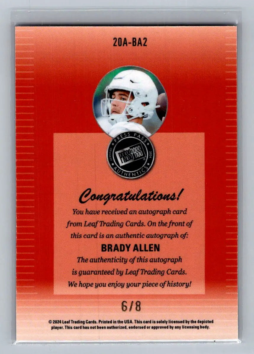 2024 Leaf Collective 200 Press Pass Auto Shimmer Purple #20A-BA2 Brady Allen /8 - Football Card Single