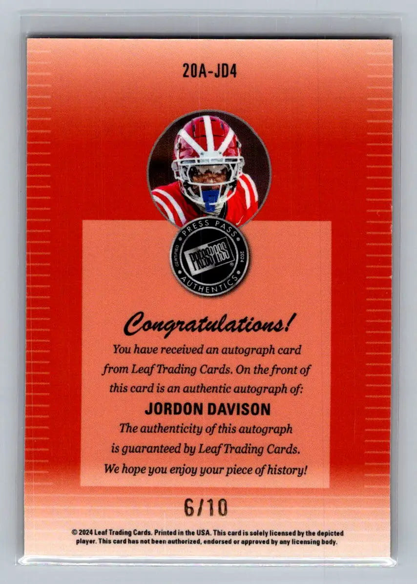 2024 Leaf Collective Press Pass Auto Shimmer Orange #20A-JD4 Jordon Davison /10 - Football Card Single