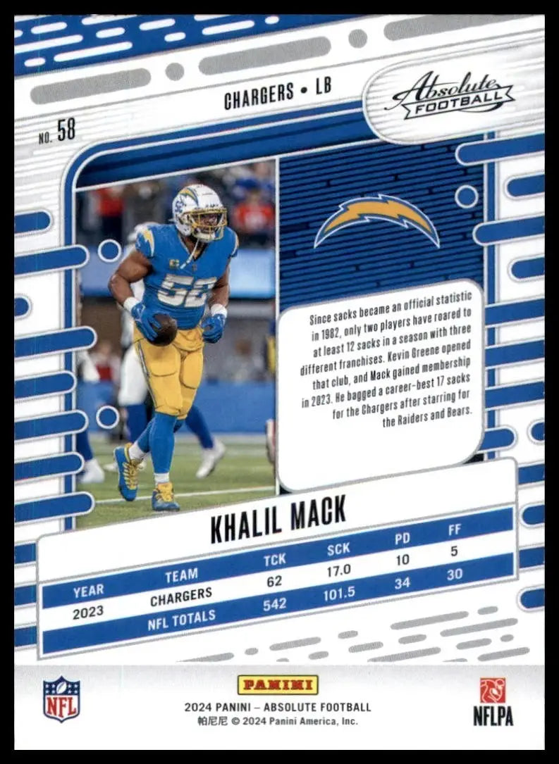 2024 Panini Absolute Khalil Mack #58 Los Angeles Chargers Football Card NFL - Football Card Single