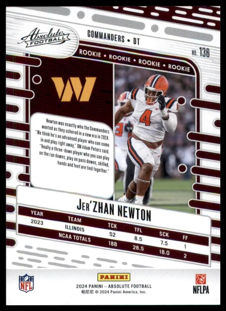 2024 Panini Absolute Rookie Jerzhan Newton #136 Washington Commanders Football - Football Card Single