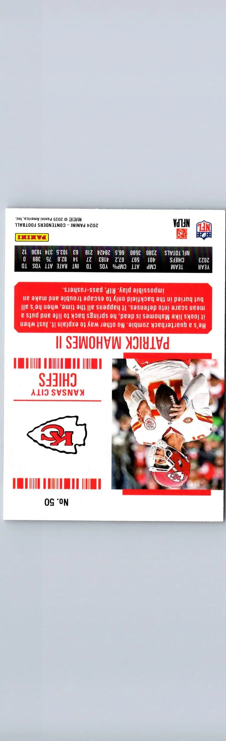 Football trading card featuring Patrick Mahomes, Mahomes II Game Ticket Red with stats and team logo