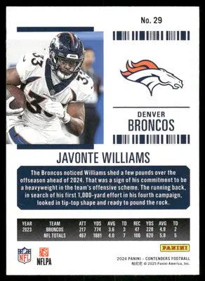 2024 Panini Contenders Football Javonte Williams #29 Football - Football Card Single