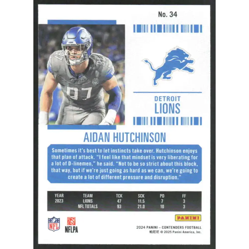 2024 Panini Contenders Season Ticket Retail #34 Aidan Hutchinson NM-MT Detroit Lions Football Card