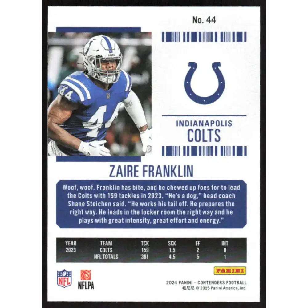 2024 Panini Contenders Season Ticket Retail #44 Zaire Franklin NM-MT Indianapolis Colts Football Card - Football Card