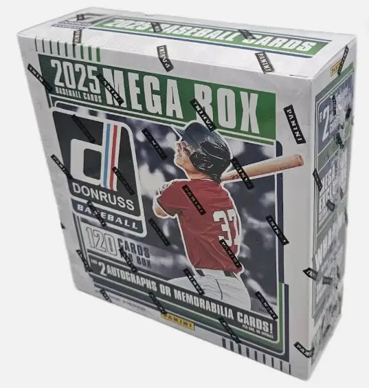 Sealed 2025 Donruss Baseball Mega Box with 120 cards and two autograph or memorabilia cards