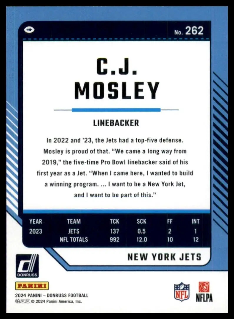 2024 Panini Donruss CJ Mosley #262 New York Jets Football Card NFL Sports