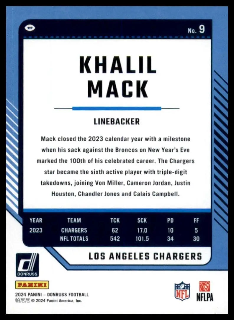 2024 Panini Donruss Khalil Mack #9 Los Angeles Chargers Football Card NFL Sports - Football Card Single