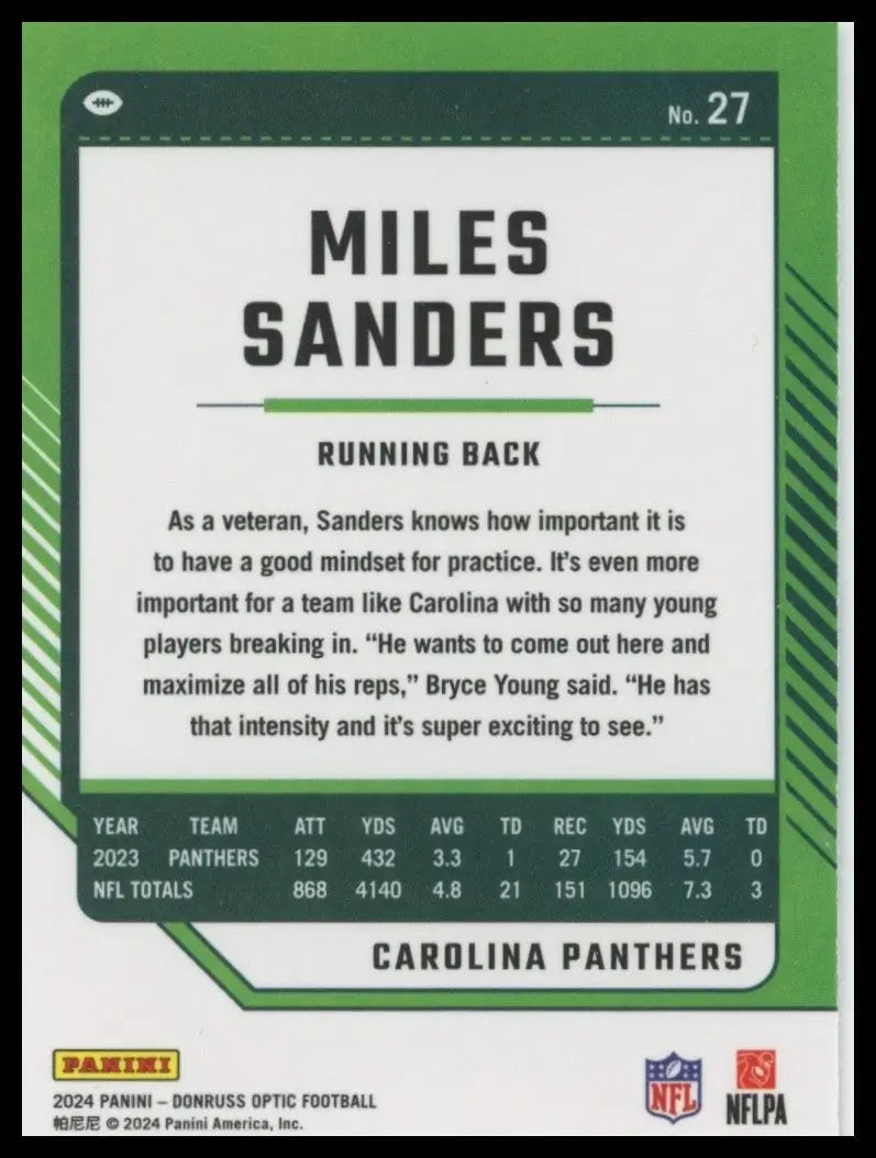 2024 Panini Donruss Optic Miles Sanders #27 Carolina Panthers Football Card NFL - Football Card Single