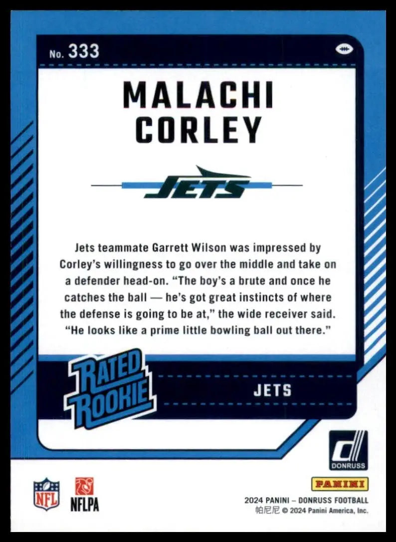 2024 Panini Donruss Rookie Malachi Corley #333 New York Jets Football Card NFL - Football Card Single