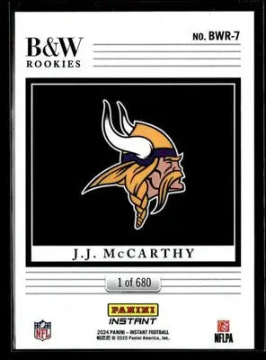 2024 Panini Instant NFL Black & White Rookies #BWR-7 J.J. McCarthy RC Vikings - Football Card Single
