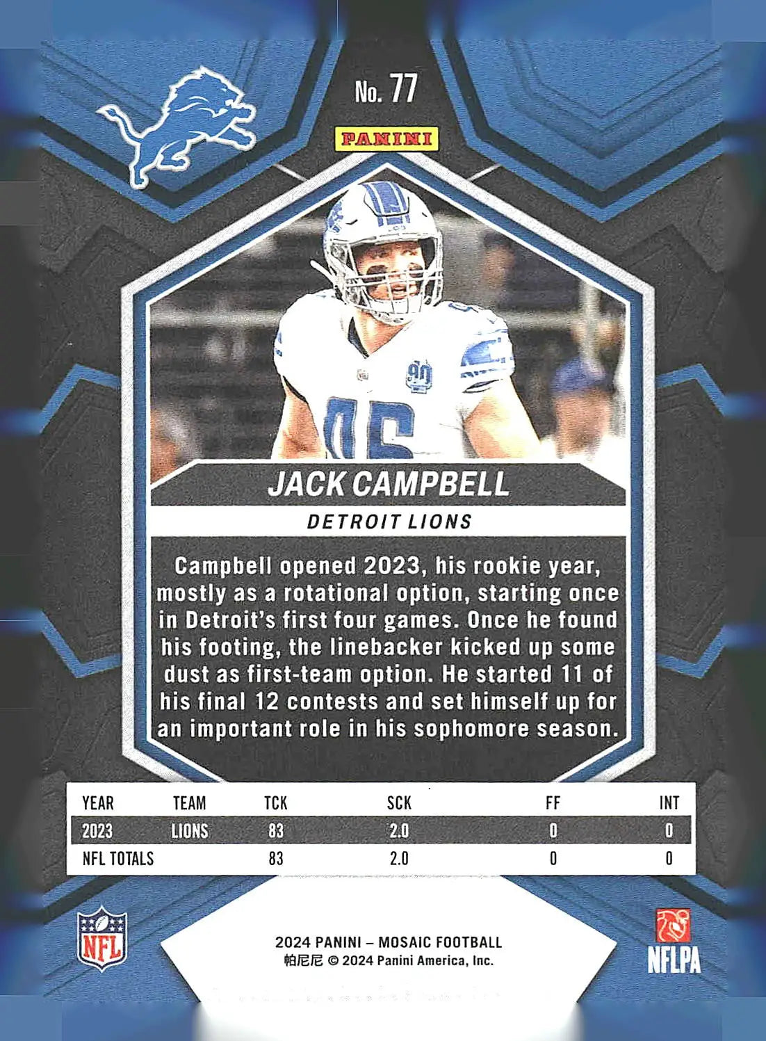 2024 Panini Mosaic #77 Jack Campbell - Football Card Single