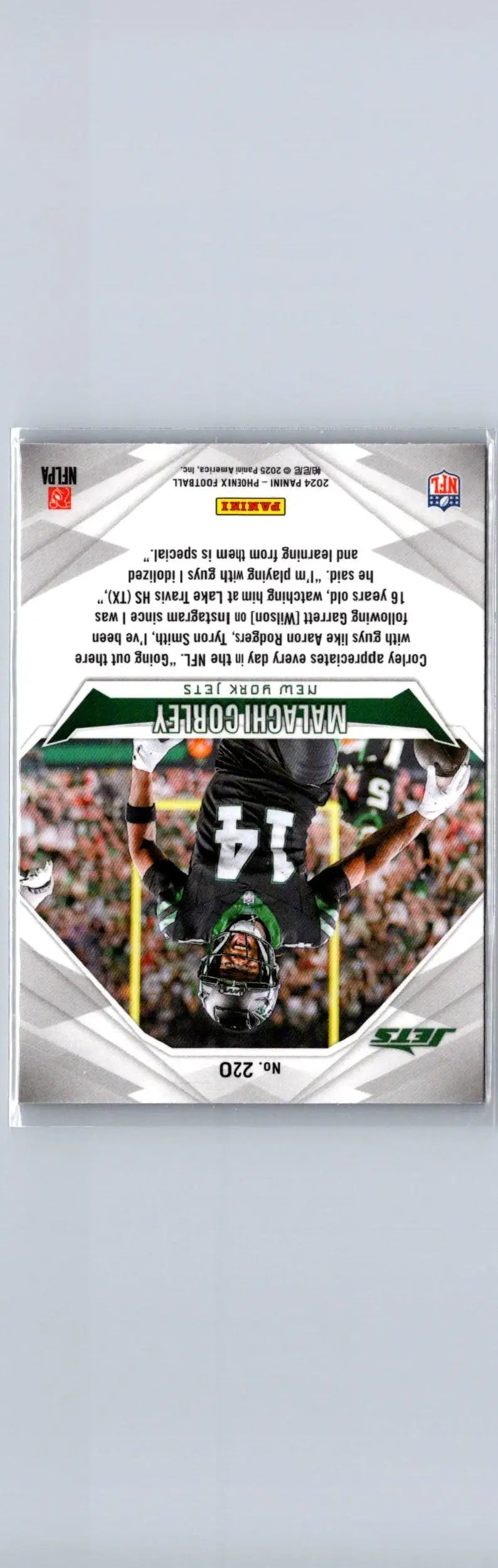 Upside-down 2024 Panini Phoenix Malachi Corley Lazer football card featuring Malachi Corley Lazer style