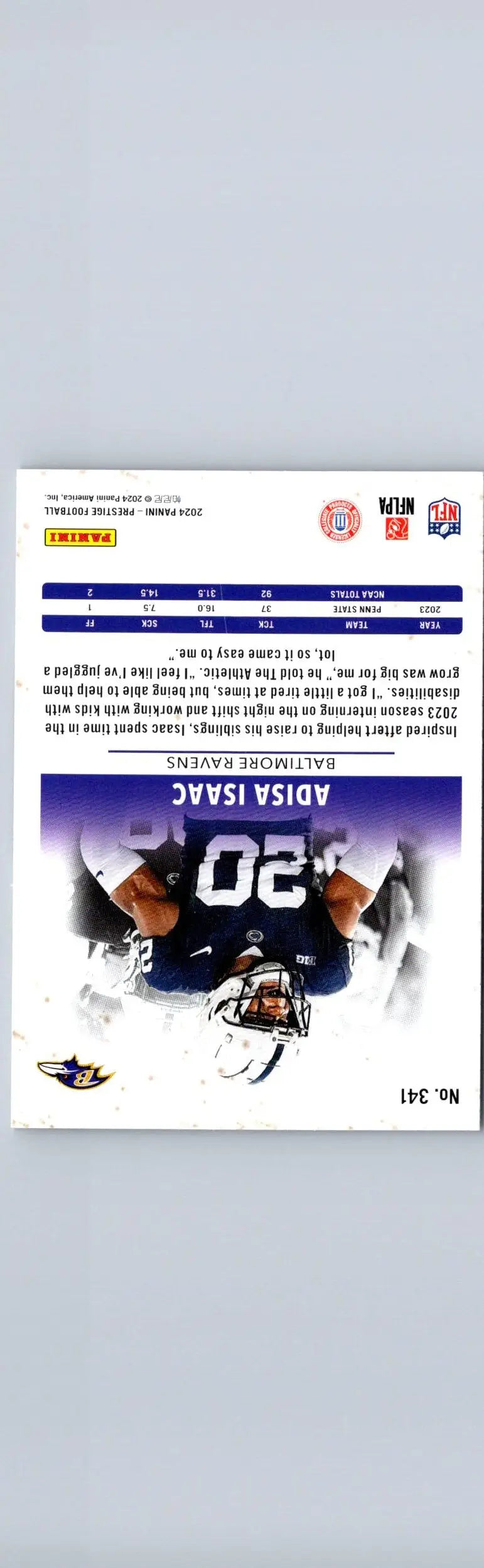 Football trading card featuring Adisa Isaac from 2024 Panini Prestige series