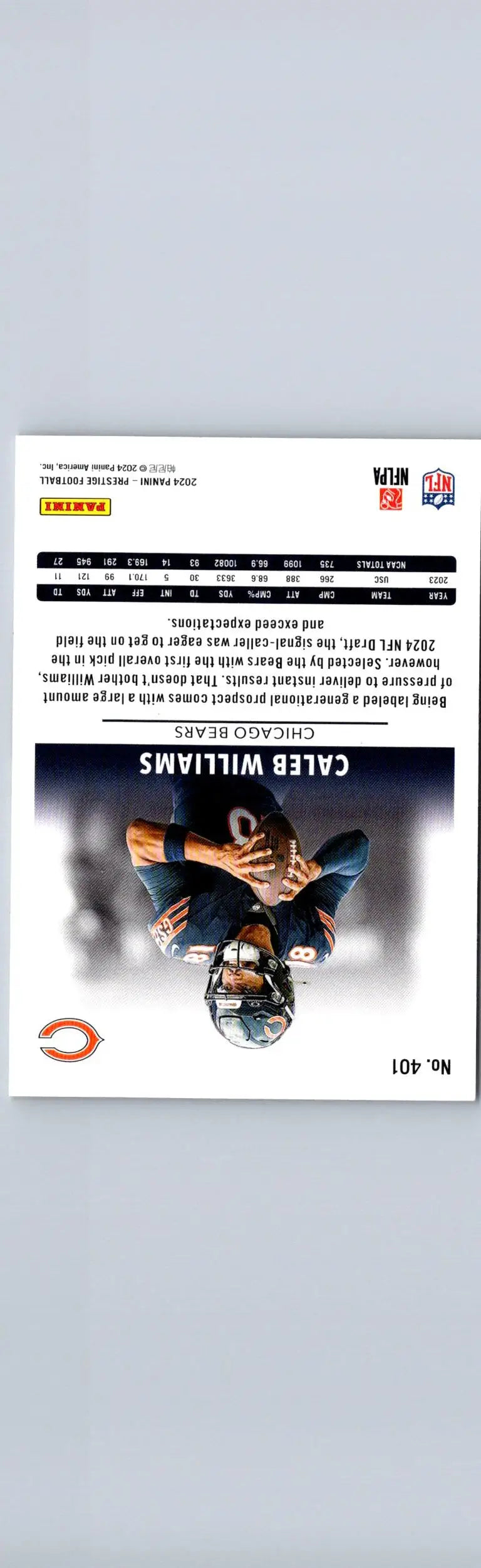 Upside-down Caleb Williams football trading card from 2024 Panini Prestige with stats