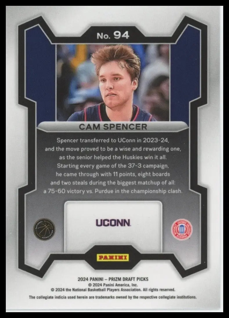 2024 Panini Prizm Draft Picks Cam Spencer #94 Rookie UCONN Huskies Basketball - Basketball Card Single