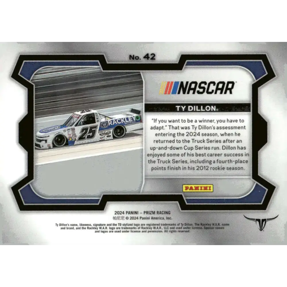 2024 Panini Prizm Rides #42 Ty Dillon NM-MT Rackley Roofing/Rackley WAR/Chevrolet Racing Card - Racing Card Single
