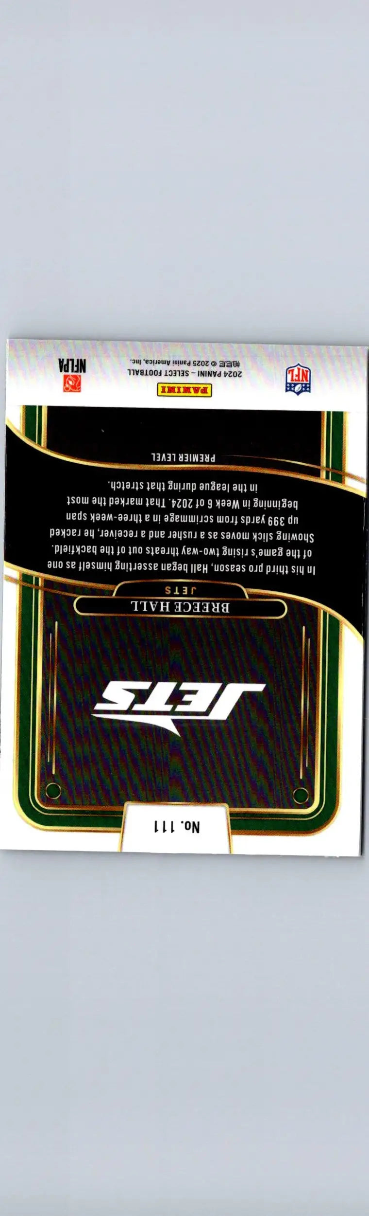 2024 Panini Select Breece Hall trading card featuring New York Jets logo